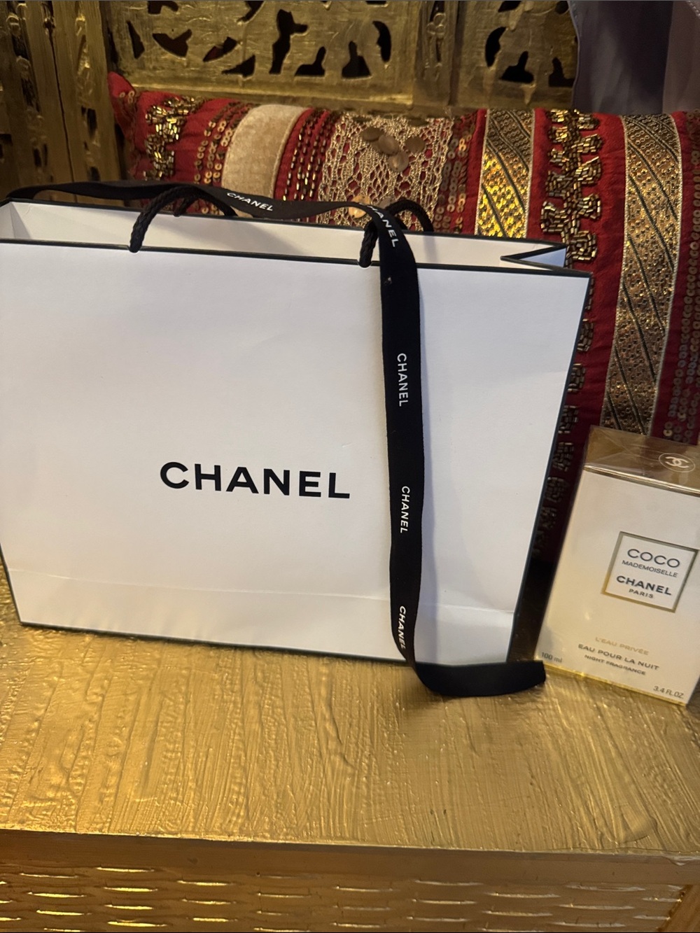 CHANEL White Shopping Tote with Black Branded Ribbon